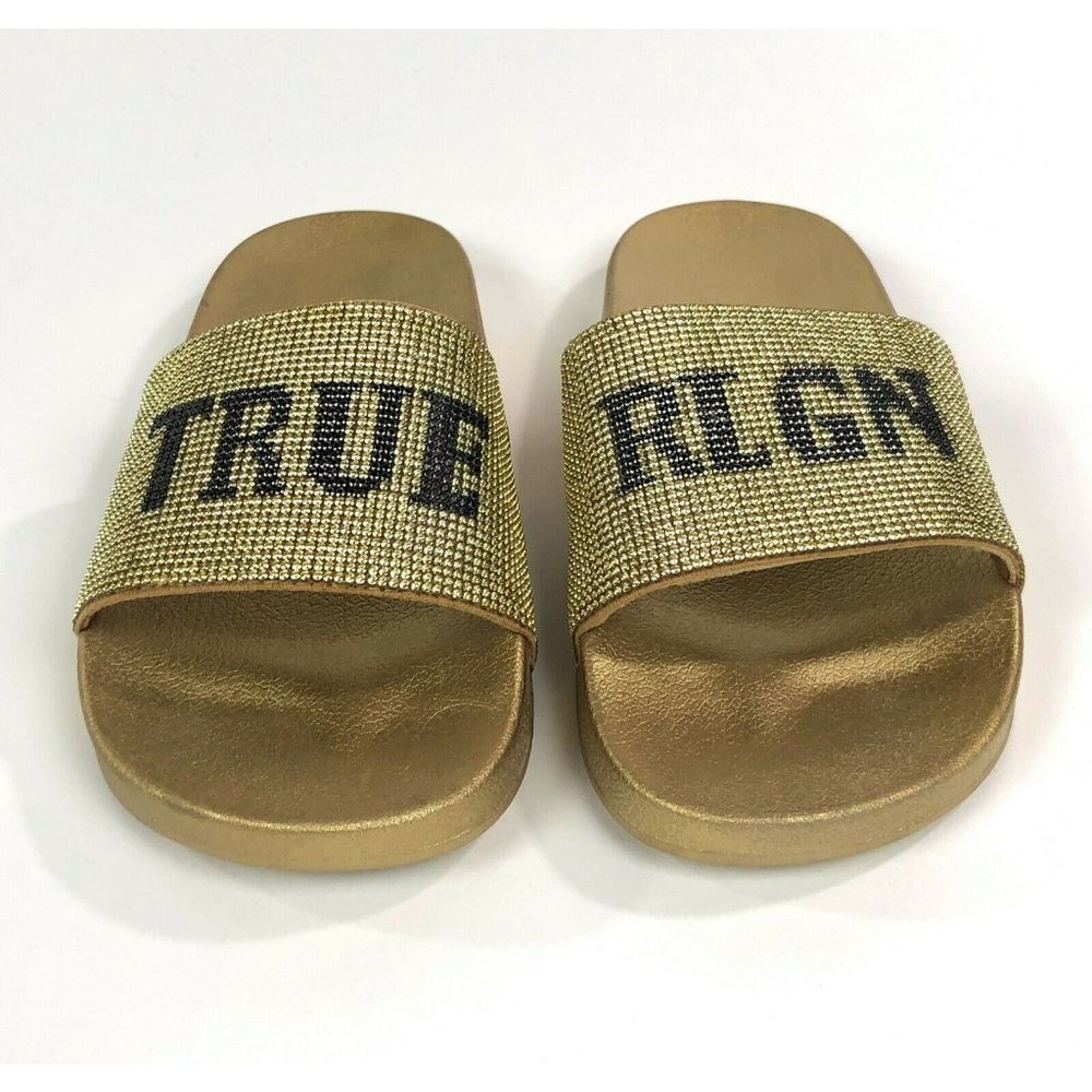 True Religion Womens 6 Medium Width Meyer Bling Gold Rhinestone Slides Sandals - Picture 2 of 8